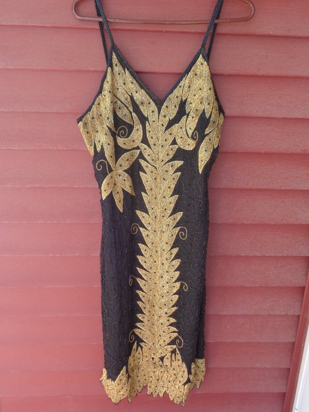 Vintage 80's BLACK & GOLD BEADED Silk Cocktail DRESS - M / L